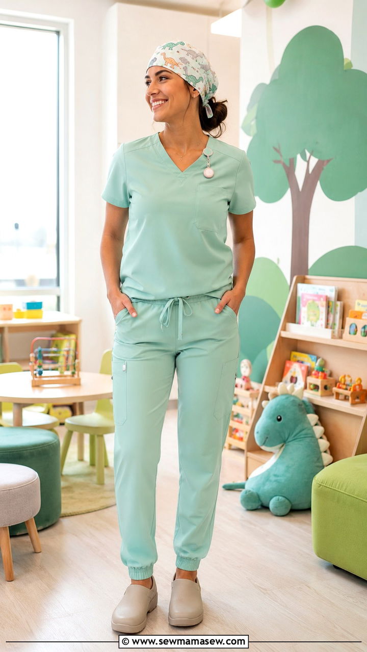 Mint Green Scrub Set With Cartoon Scrub Cap And Clogs - 25 Pediatric nurse outfit ideas