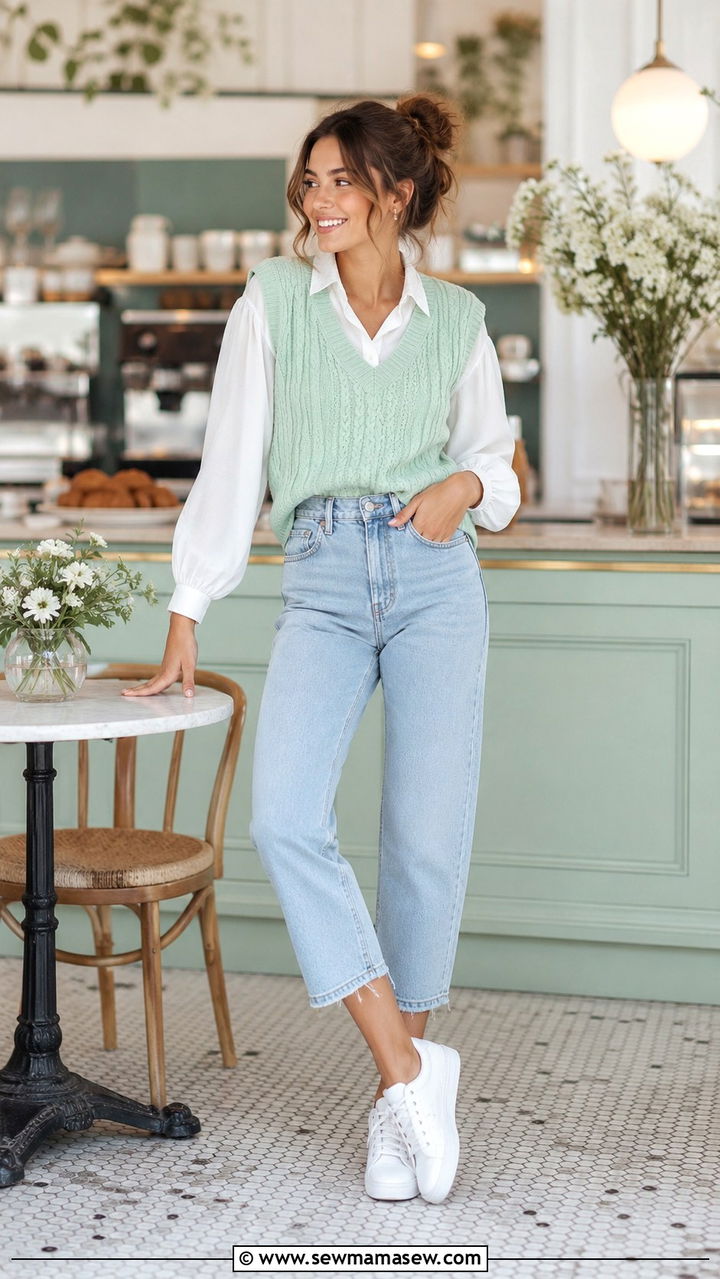 Mint Green Sweater Vest with a White Blouse and Cropped Jeans - 30 Mint green outfit ideas spring