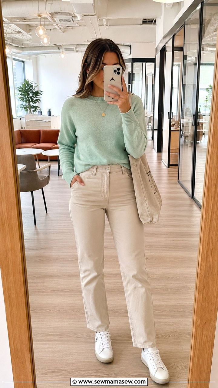Mint Green Sweater With Beige Pants Outfit - 30 casual business casual outfits