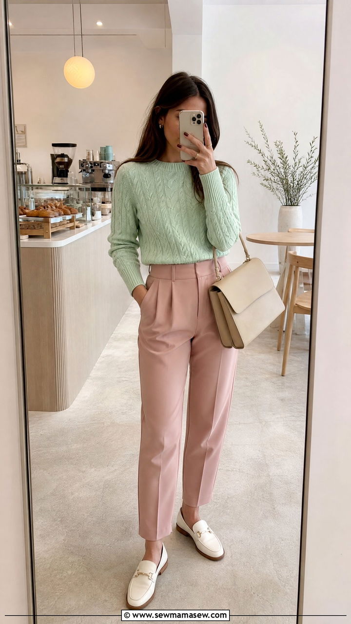 Mint Green Sweater and Dusty Pink Trousers - 25 Green and pink outfit ideas