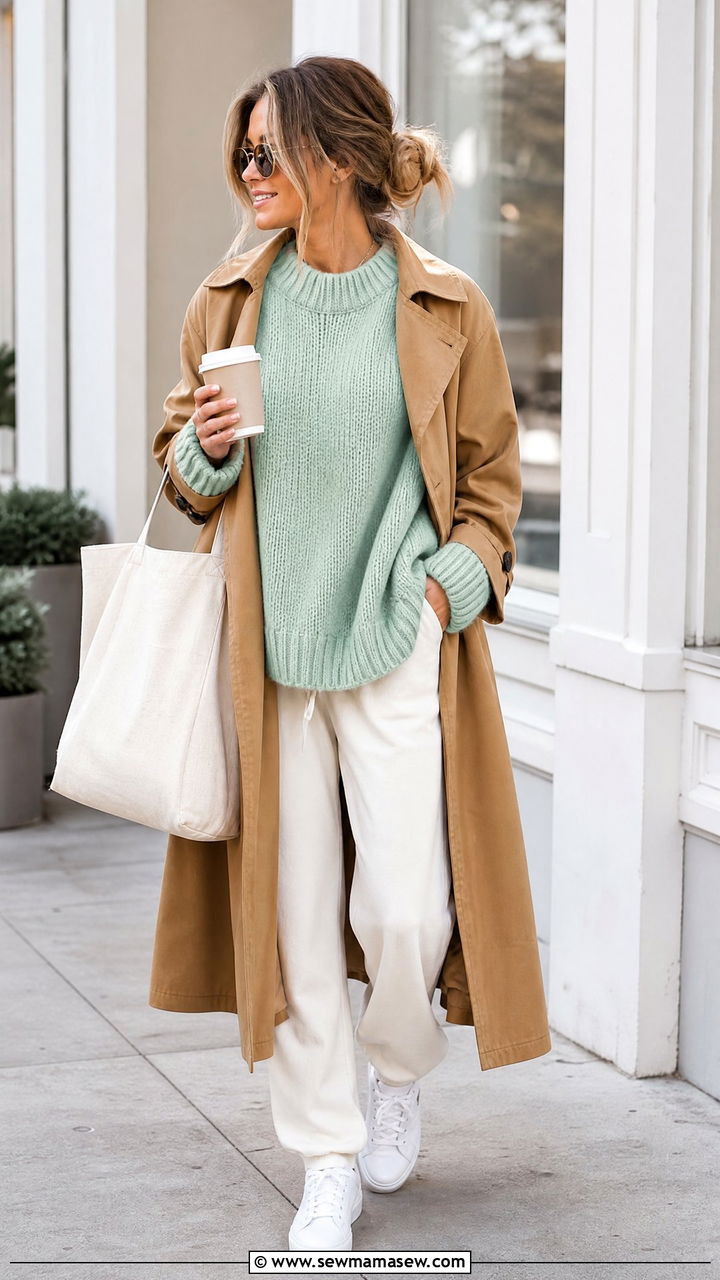 Mint Green Sweater with Lounge Pants and Trench Coat Outfit - 25 Mint green outfit ideas 2026