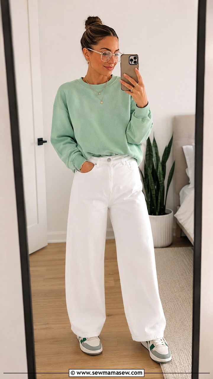 Mint Green Sweatshirt with White Wide Leg Jeans Outfit - 25 Mint green outfit ideas 2026