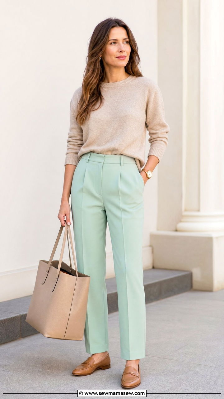 Mint Green Trousers with Beige Cashmere Sweater Outfit - 25 Mint green outfit ideas 2026