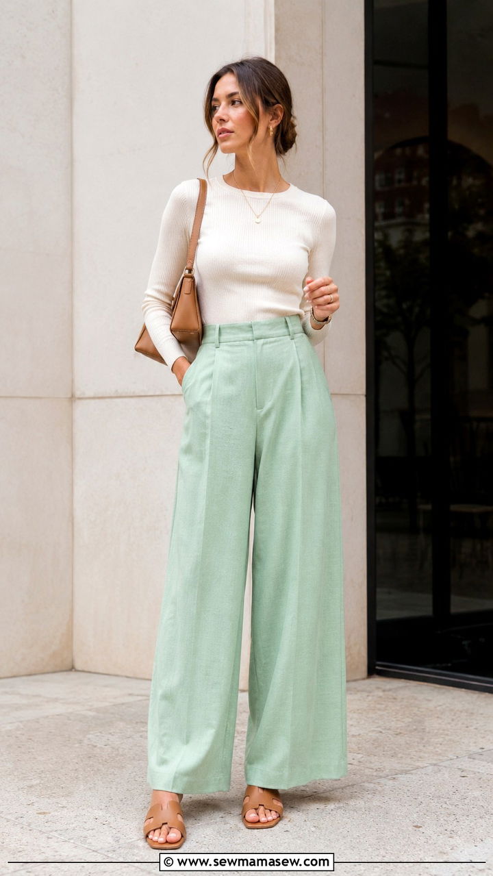 Mint Green Wide Leg Trousers with a Cream Knit Top - 30 Mint green outfit ideas spring