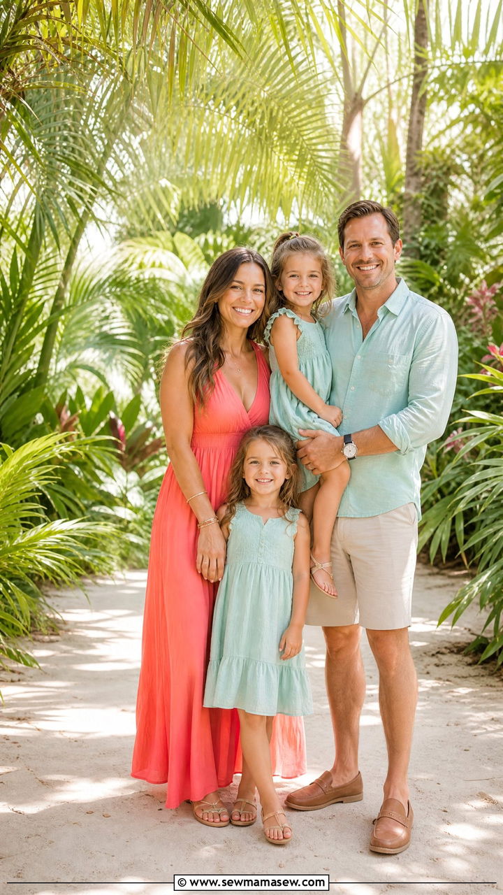 Mint Green and Coral for Tropical Vacation Photos - 30 Family photoshoot outfit ideas