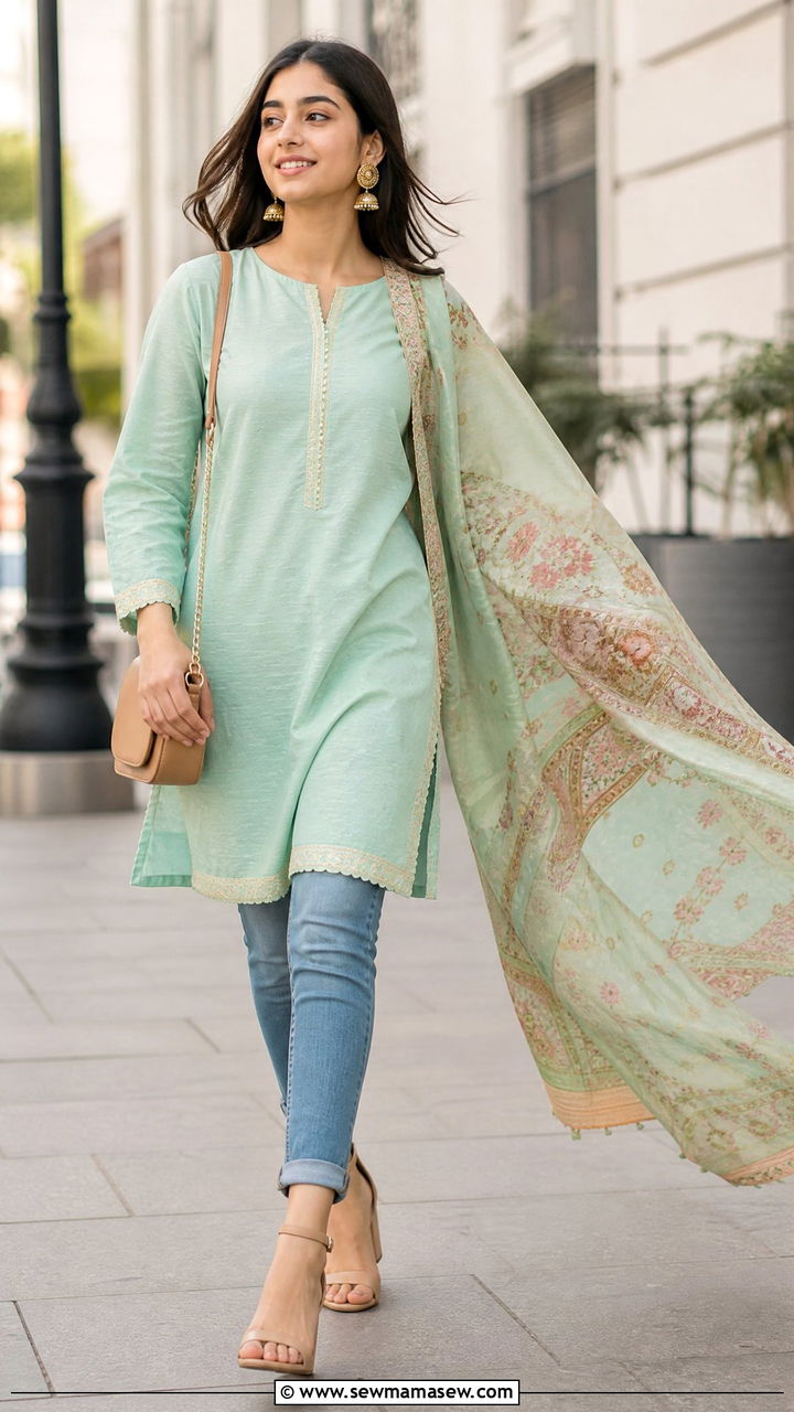Mint Kurta with Cuffed Jeans and Block Heels - 30 Eid outfit ideas for teens