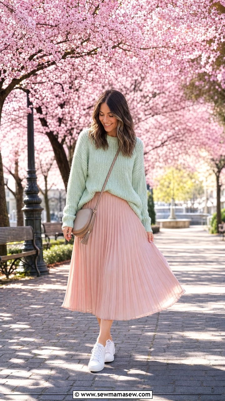 Mint Sweater with Pleated Blush Skirt and Sneakers - 25 Europe travel outfits 2026