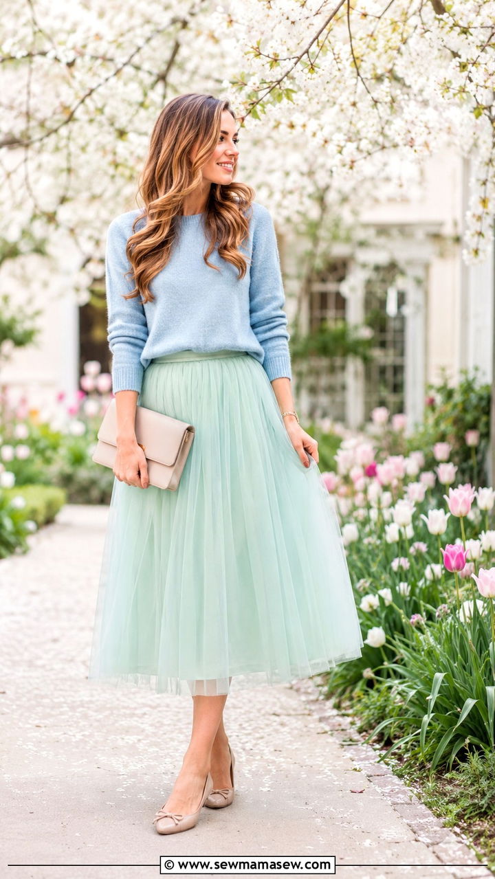 Mint Tulle Midi Skirt with a Soft Blue Sweater - 25 Modest outfit ideas spring 2026