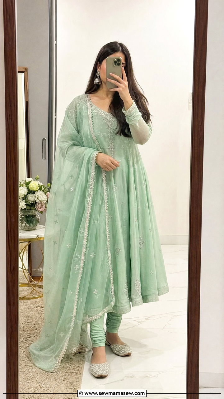 Mint green Anarkali suit with churidar pants - 25 Iftar party outfit ideas