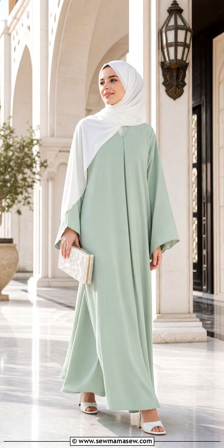 Mint green abaya with white hijab - 25 Eid outfit ideas with abaya