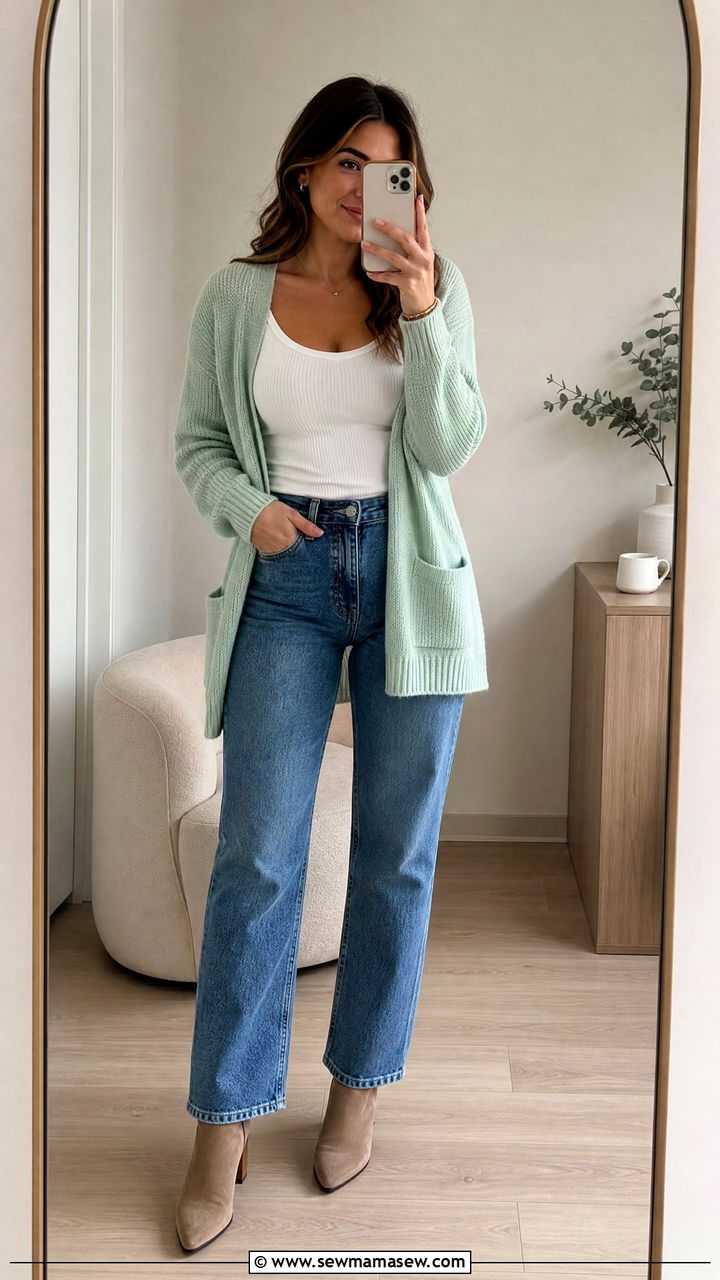 Mint green cardigan with white tank top and jeans - 35 Mint green outfit ideas