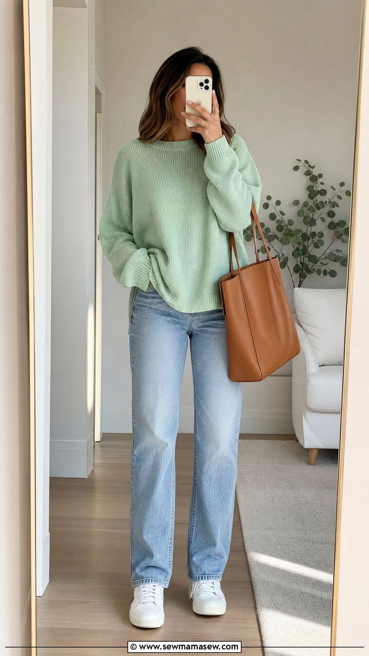 Mint green knit sweater with light wash jeans - 35 Mint green outfit ideas