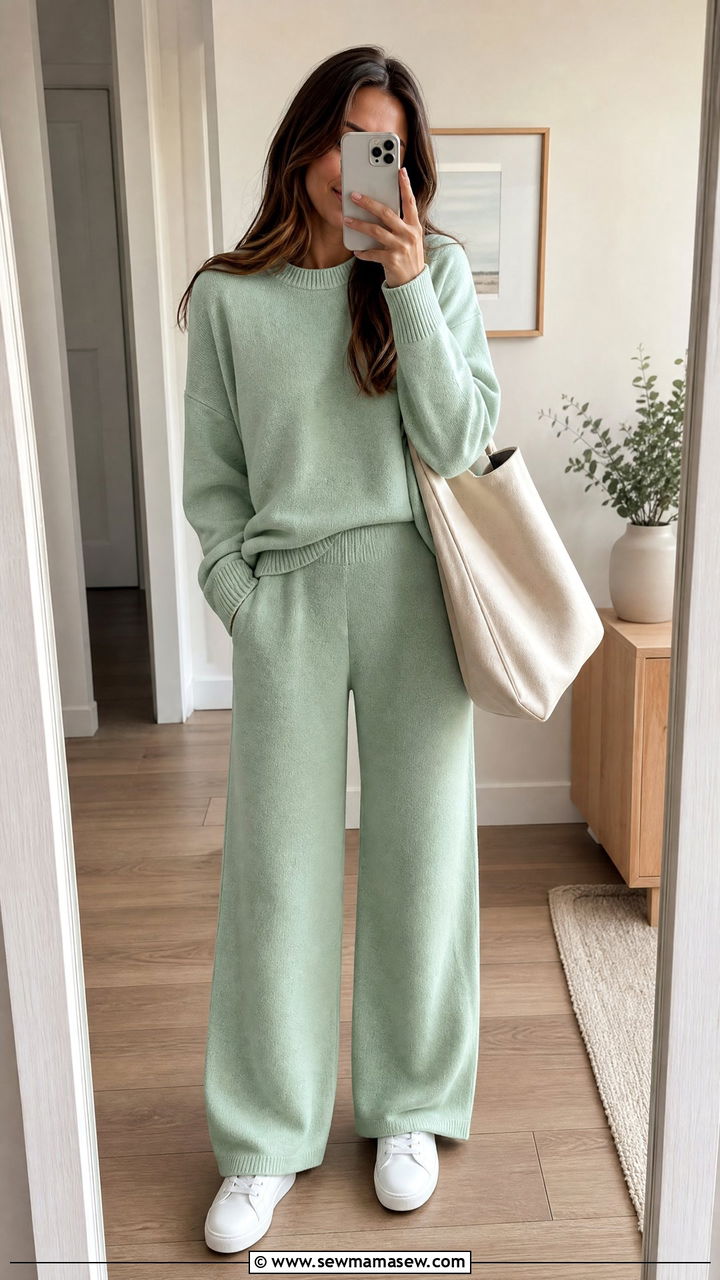 Mint green matching knit set with white sneakers - 35 Mint green outfit ideas