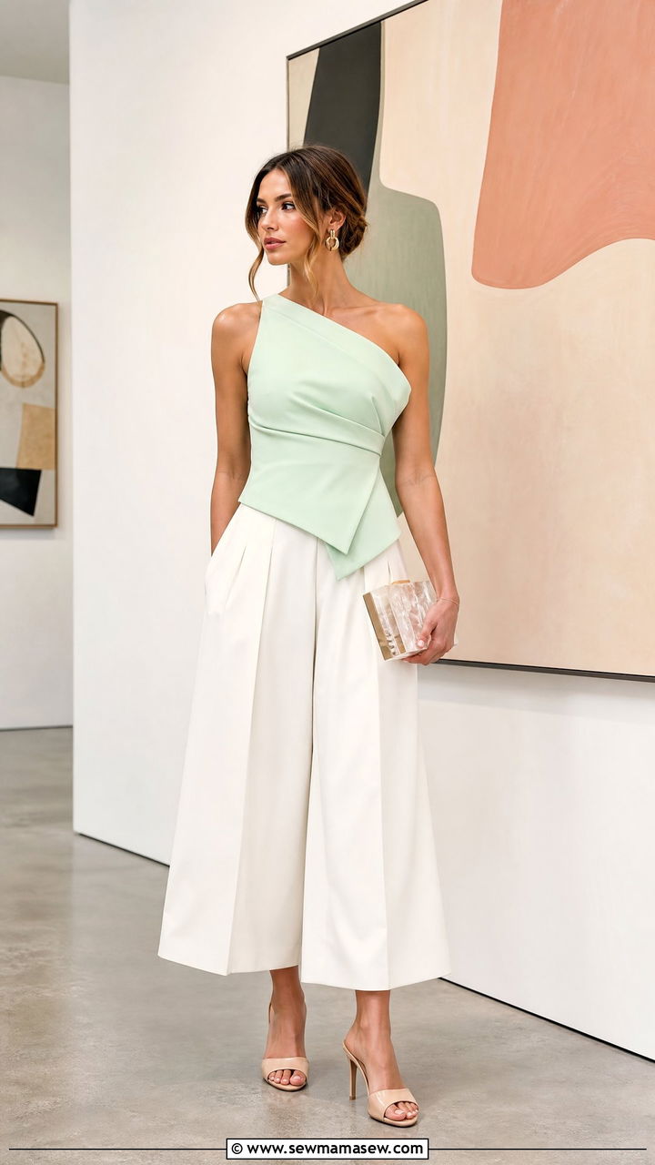 Mint green one shoulder top with high waist culottes - 35 Mint green outfit ideas