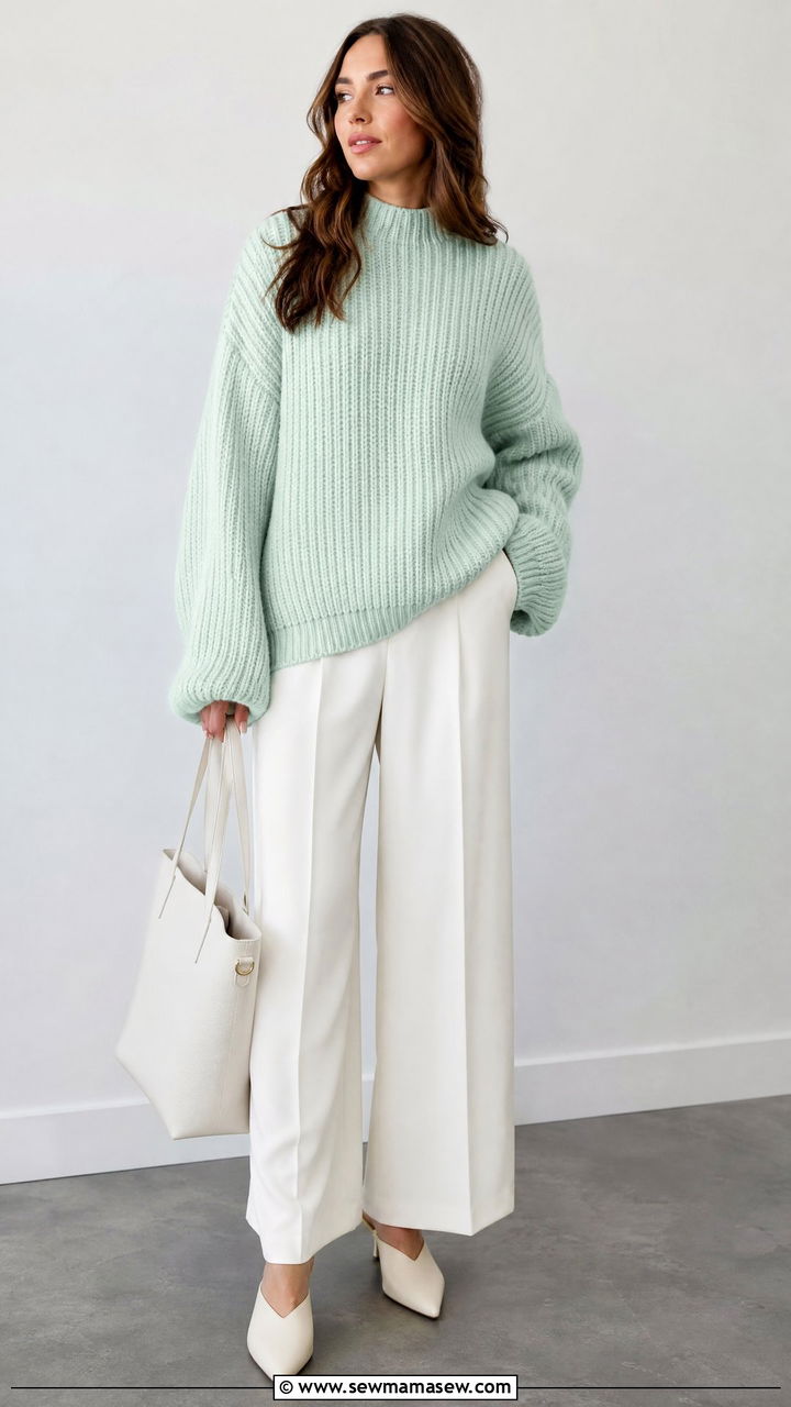 Mint green oversized sweater with white wide leg pants - 35 Mint green outfit ideas