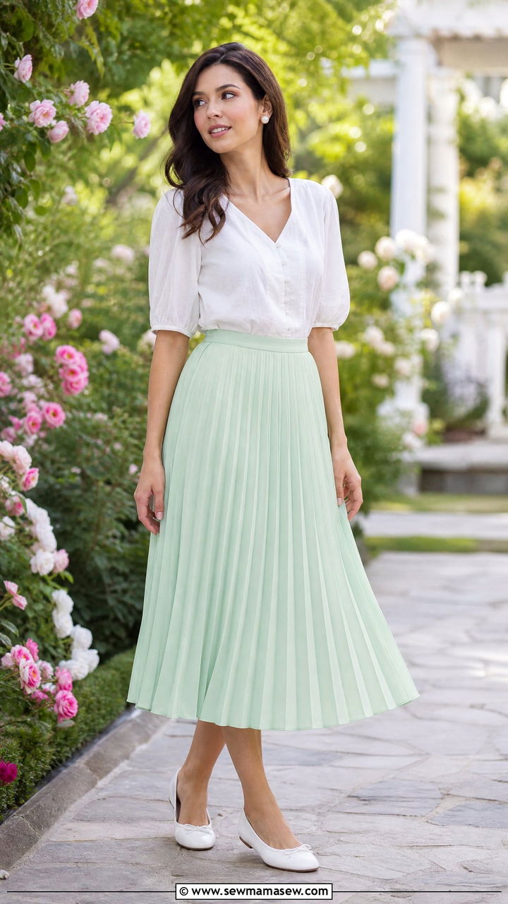 Mint green pleated midi skirt with white blouse - 35 Mint green outfit ideas