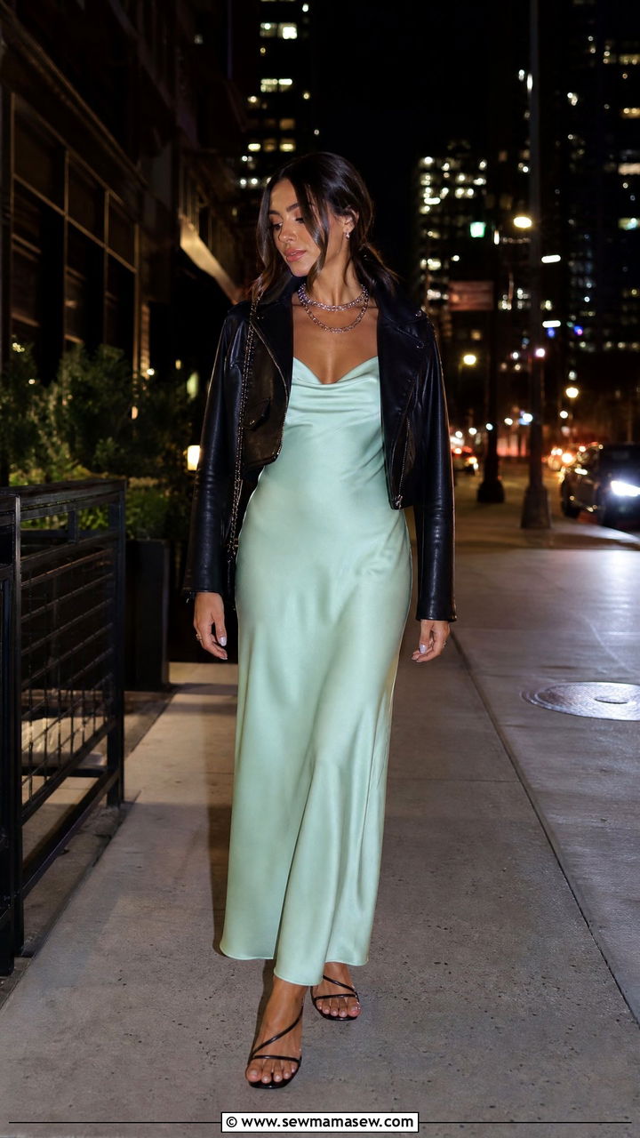 Mint green slip dress with leather jacket - 35 Mint green outfit ideas