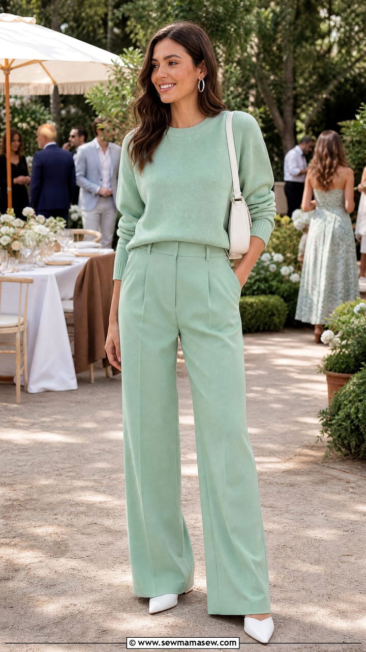 Mint green sweater and trousers - 35 Kendall Jenner spring outfit ideas