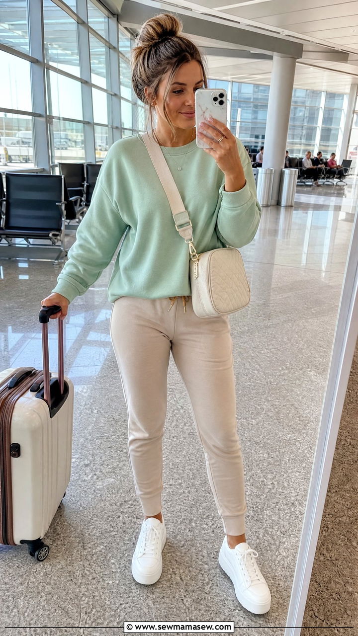 Mint green sweatshirt with beige joggers - 35 Mint green outfit ideas