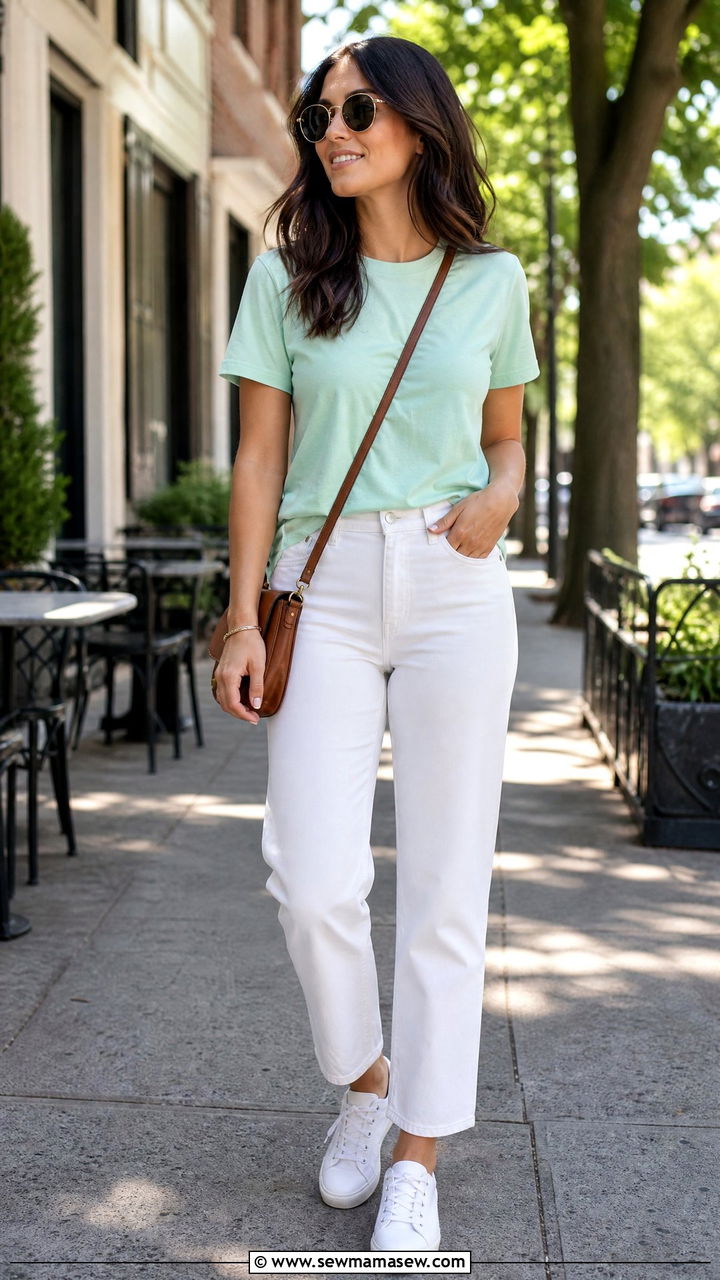 Mint green t shirt with white straight leg jeans - 35 Mint green outfit ideas