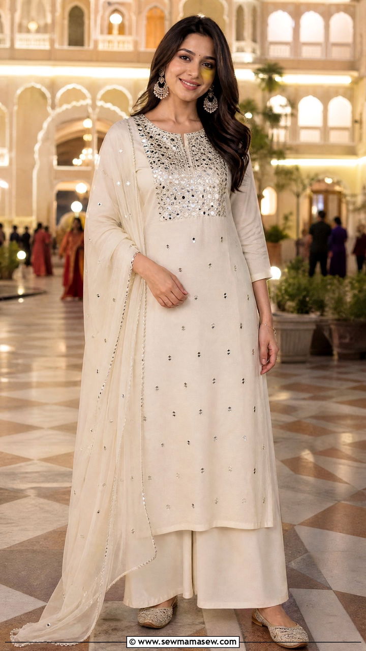 Mirror Work Kurta Set with Palazzo and Dupatta - 25 Jaipur outfit ideas