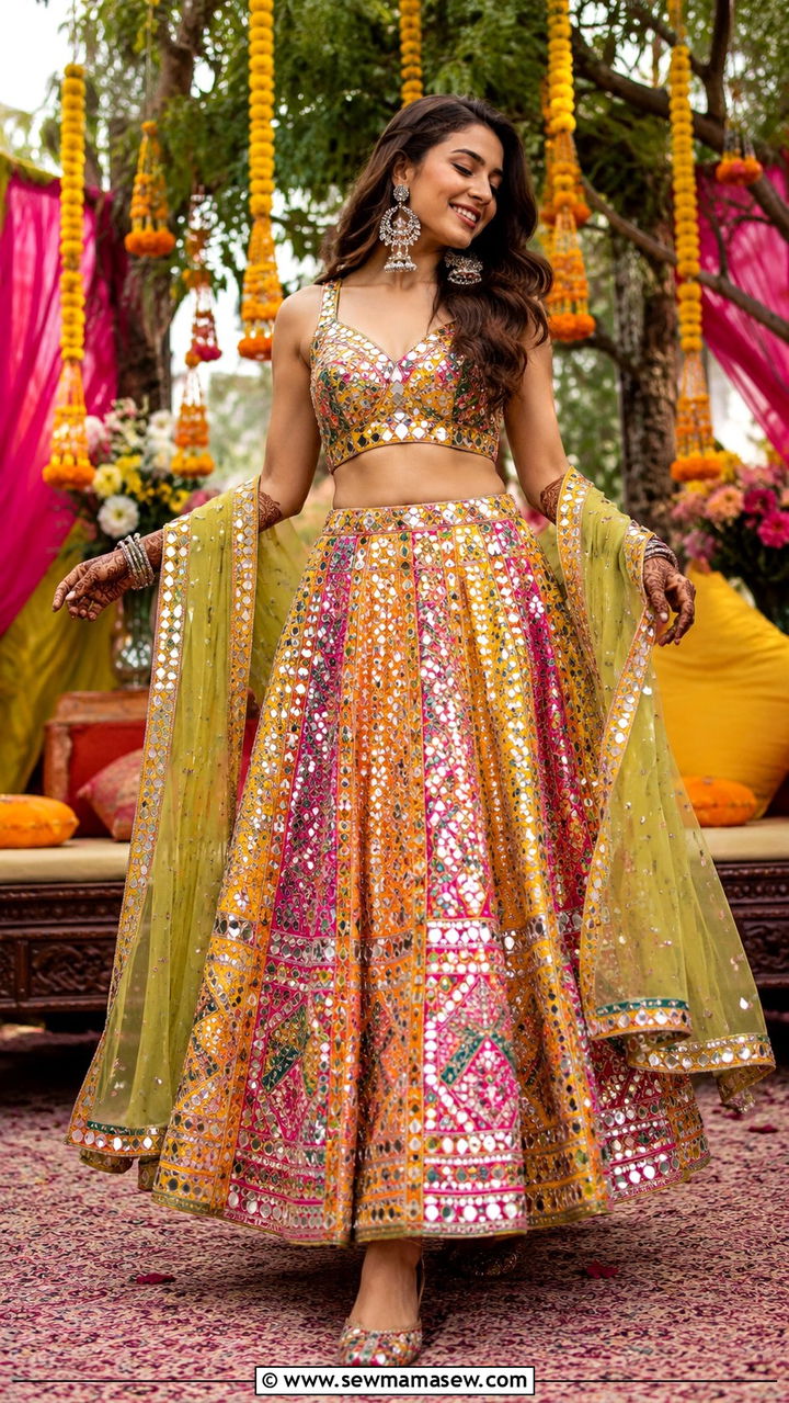 Mirror Work Lehenga Choli Outfit - 25 Mehndi outfit ideas 2026