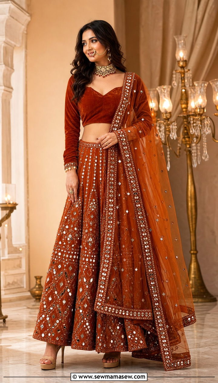 Mirror Work Lehenga With Velvet Blouse - 25 Eid outfit ideas Indian