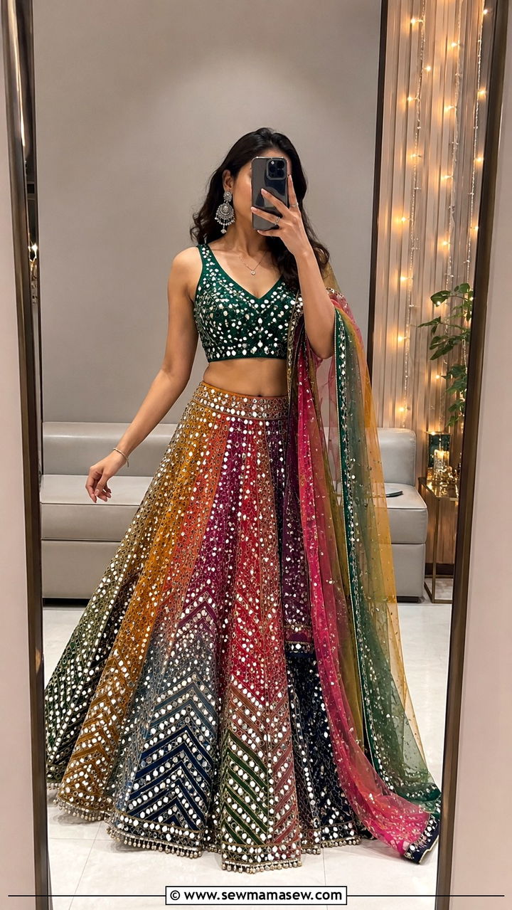 Mirror Work Lehenga for Sangeet - 25 Wedding guest outfit ideas Sangeet ceremony