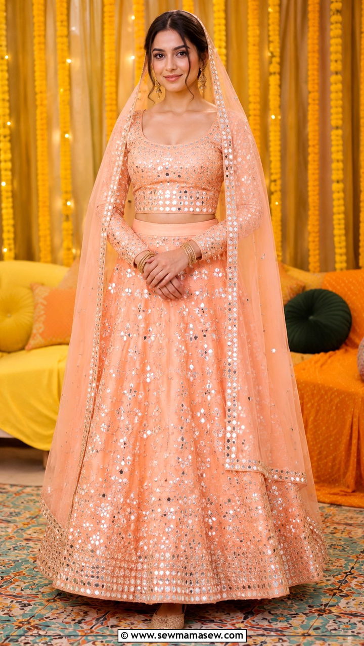 Mirror Work Lehenga with Simple Choli - 20 Modest outfit ideas for Henna night