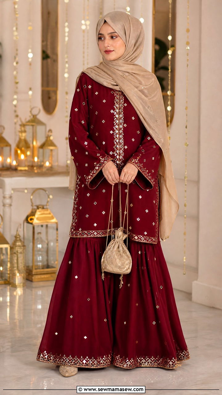 Mirror Work Sharara Set with Contrast Chiffon Hijab - 30 Eid outfit ideas with hijab