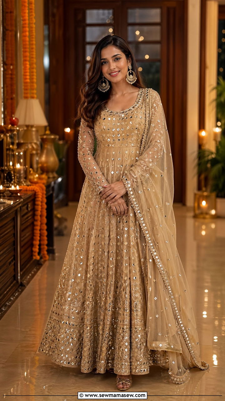 Mirror work Anarkali suit with chandbali earrings - 35 Diwali party outfit ideas
