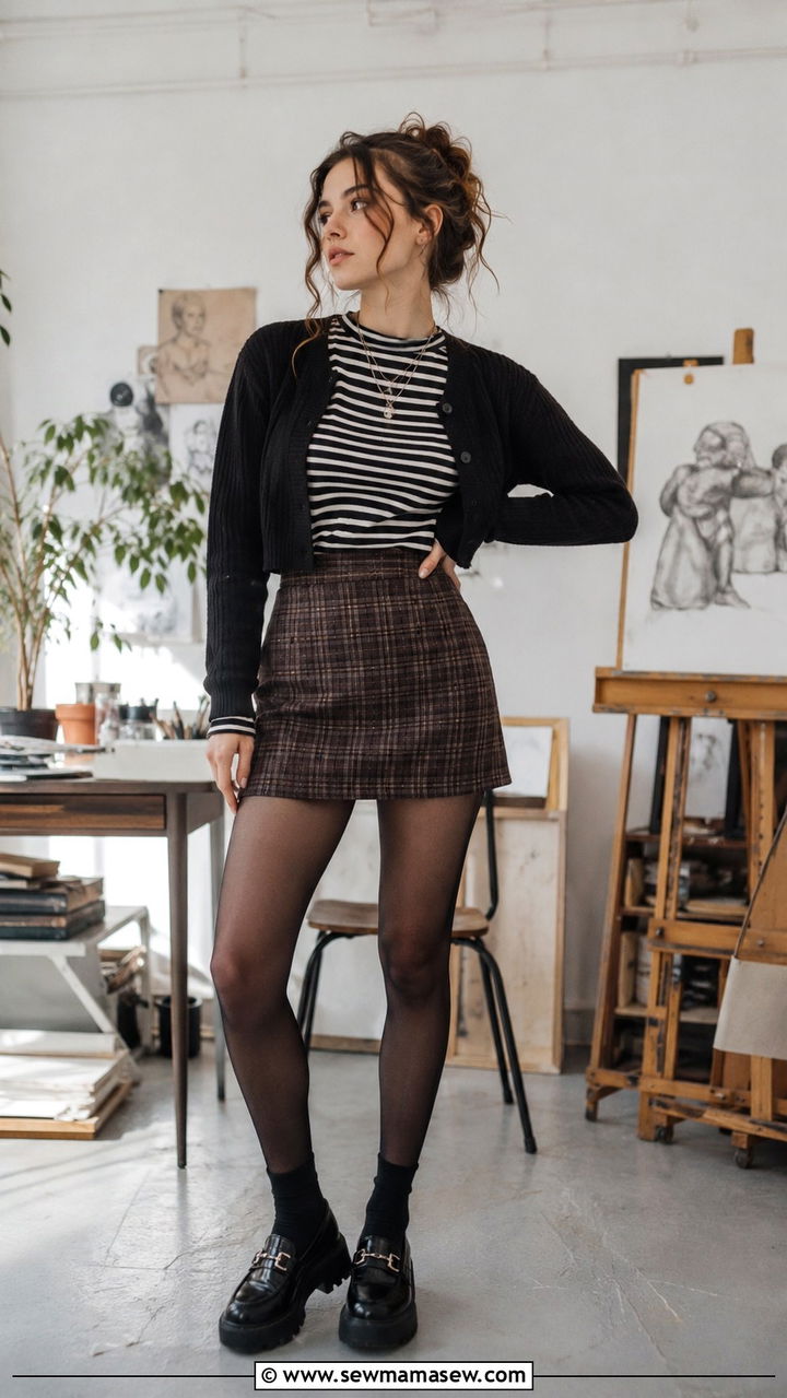 Mismatched patterns with a plaid skirt and striped top - 30 Chaotic academia outfit ideas