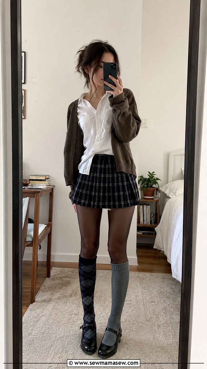 Mismatched socks with Mary Janes and a pleated skirt - 30 Chaotic academia outfit ideas