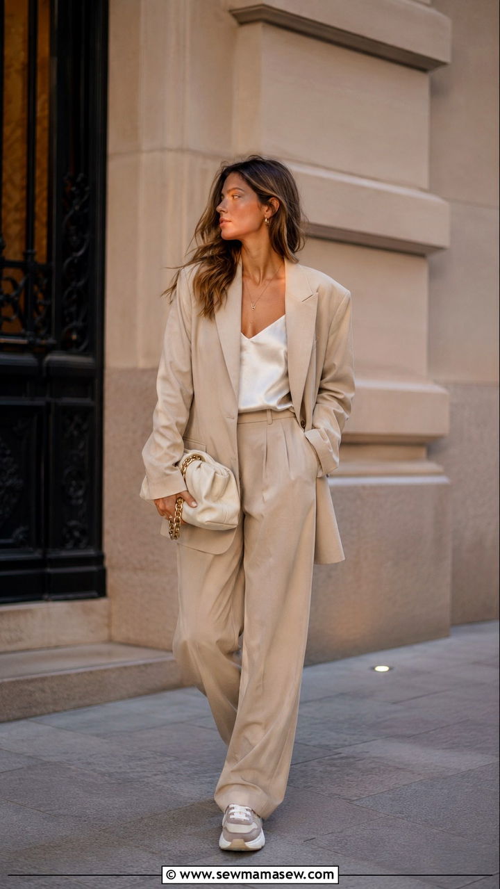 Mixed material sneakers with matching blazer and trousers - 30 spring sneaker outfit ideas