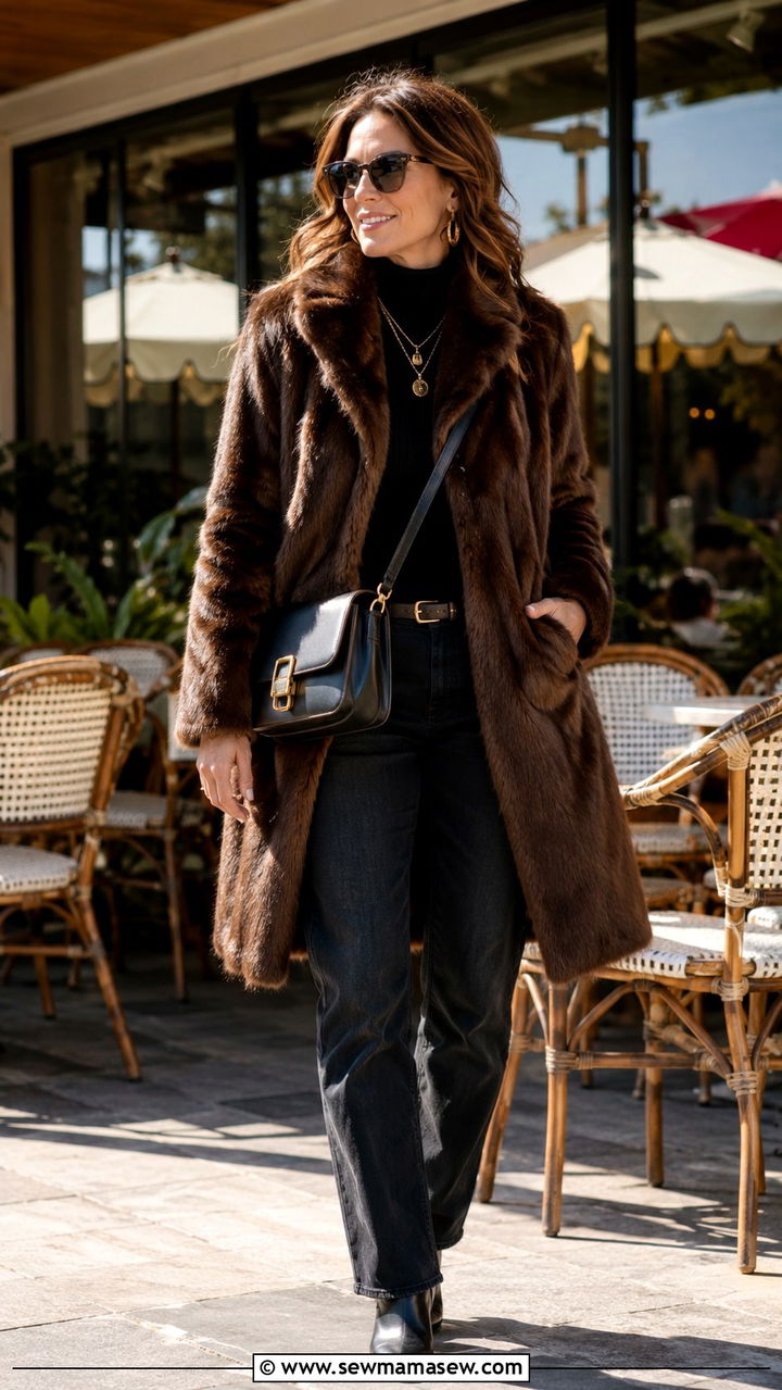 Mob Wife Brown Fur Coat With Black Turtleneck And Jeans - 25 Mob wife outfits for women over 40
