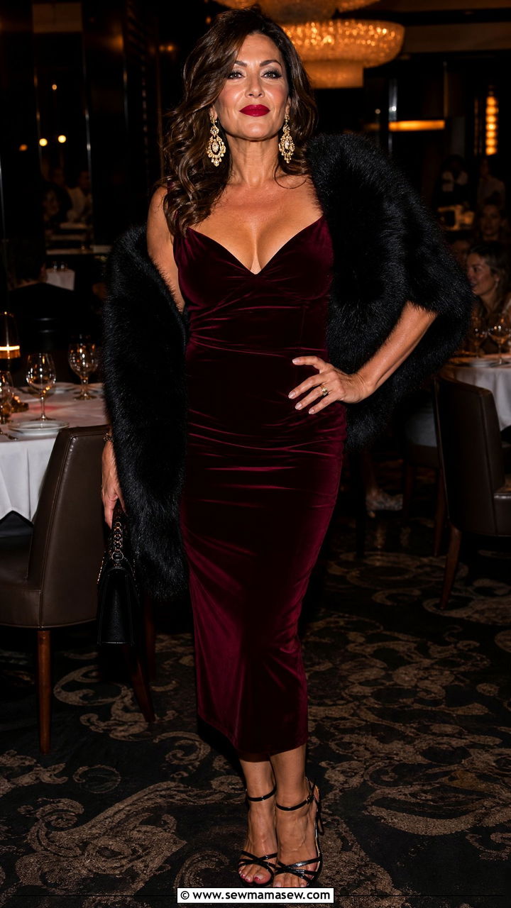 Mob Wife Burgundy Velvet Dress With Fur Stole - 25 Mob wife outfits for women over 40
