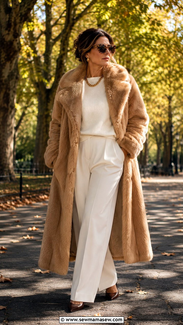 Mob Wife Camel Fur Coat With Cream Sweater And Trousers - 25 Mob wife outfits for women over 40