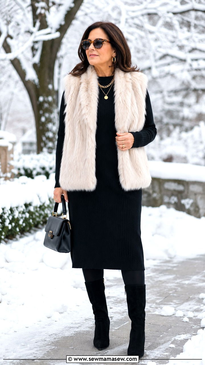 Mob Wife Cream Fur Vest With Black Knit Dress - 25 Mob wife outfits for women over 40