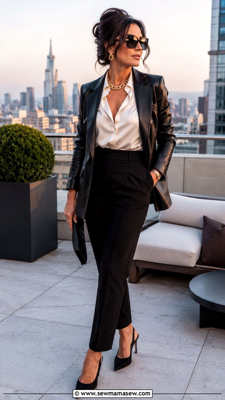 Mob Wife Leather Blazer And Silk Blouse Outfit - 25 Mob wife outfits for women over 40