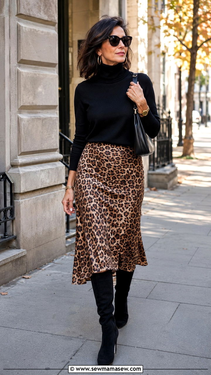 Mob Wife Leopard Print Skirt With Black Turtleneck - 25 Mob wife outfits for women over 40