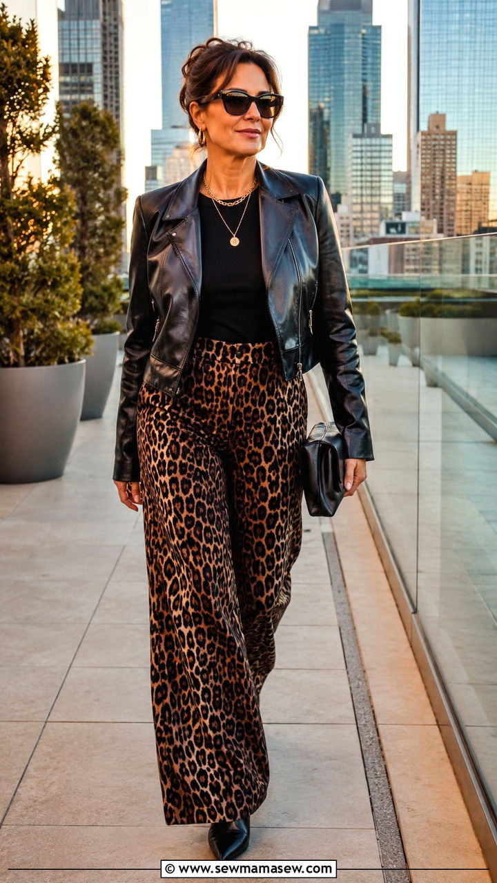 Mob Wife Leopard Print Trousers With Leather Jacket - 25 Mob wife outfits for women over 40