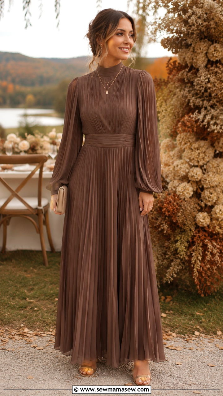 Mocha Brown Pleated Maxi Dress Wedding Guest - 30 modest wedding guest outfit ideas