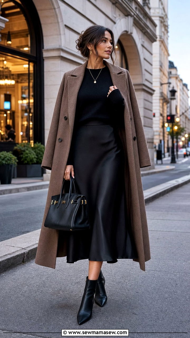 Mocha Long Coat and Black Satin Skirt - 25 elegant outfits inspo