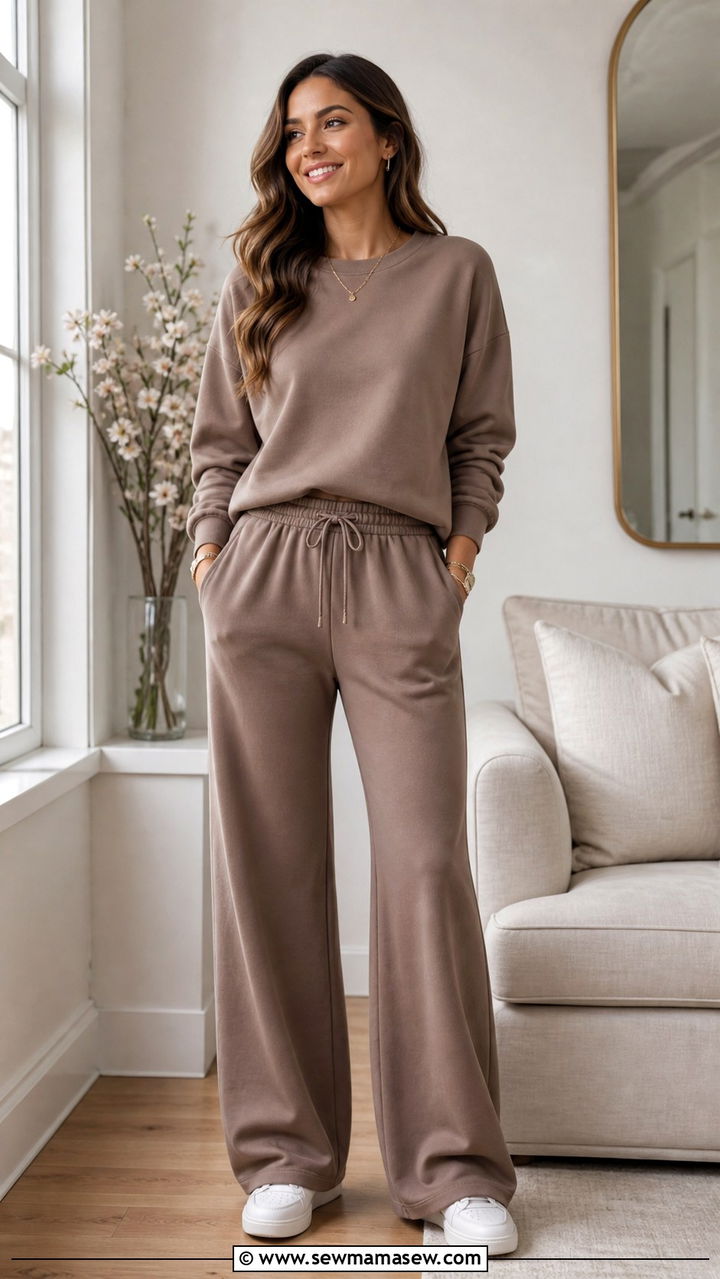 Mocha Matching Sweatsuit Set With Clean Sneakers - 40 spring outfits for moms