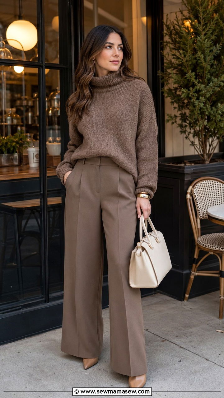 Mocha Monochrome Layers With Wide Leg Pants - 30 Quiet luxury outfit ideas 2026