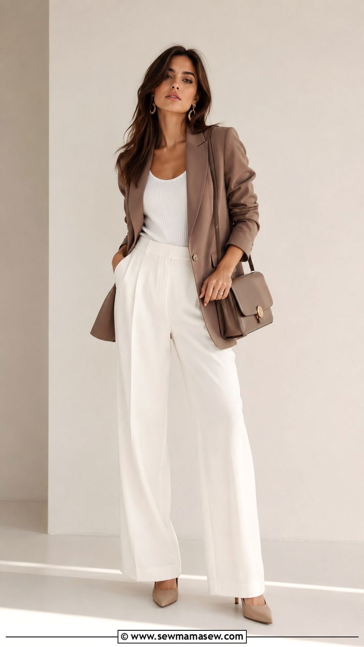 Mocha Mousse Blazer With Crisp White Trousers - 25 Mocha mousse outfit ideas