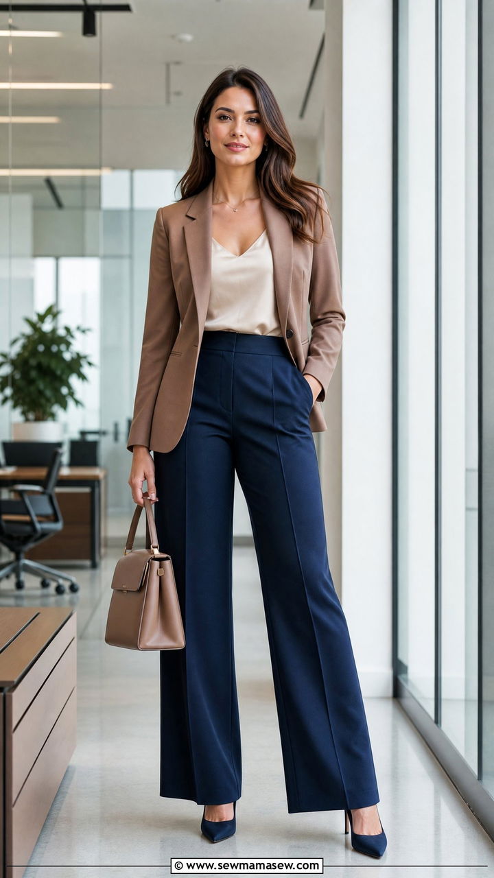 Mocha Mousse Blazer With Navy Blue Wide Leg Trousers - 25 Mocha mousse outfit ideas