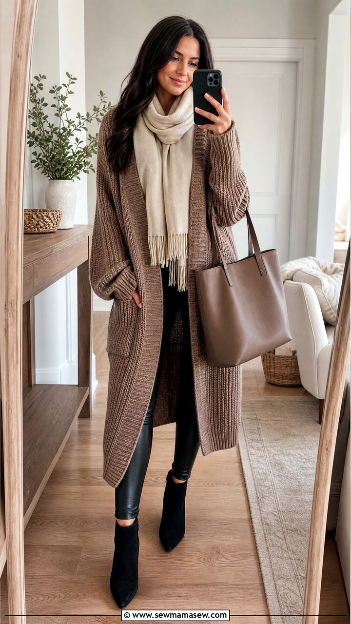 Mocha Mousse Cardigan With Black Leggings - 25 Mocha mousse outfit ideas