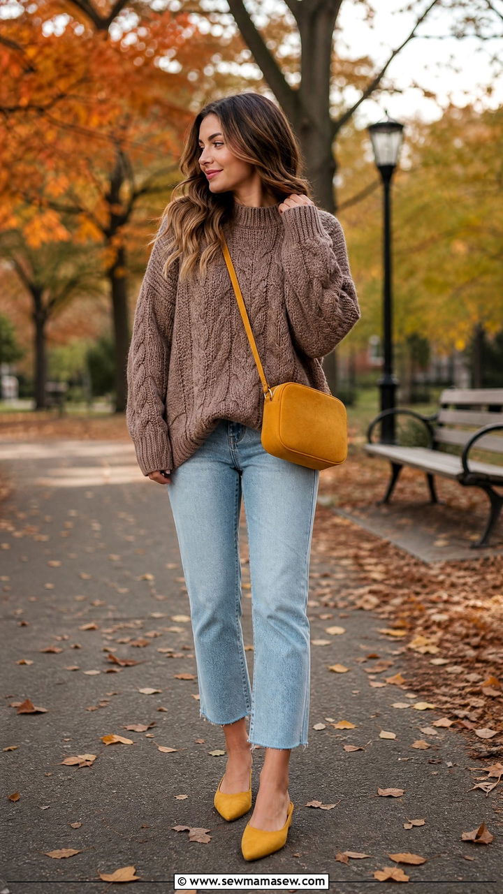 Mocha Mousse Chunky Knit With Mustard Yellow Accents - 25 Mocha mousse outfit ideas