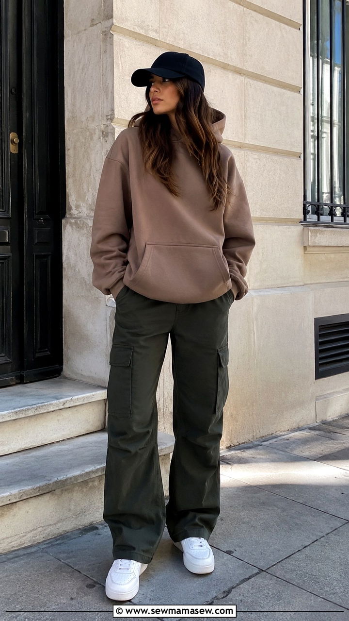 Mocha Mousse Hoodie With Dark Green Cargo Pants - 25 Mocha mousse outfit ideas